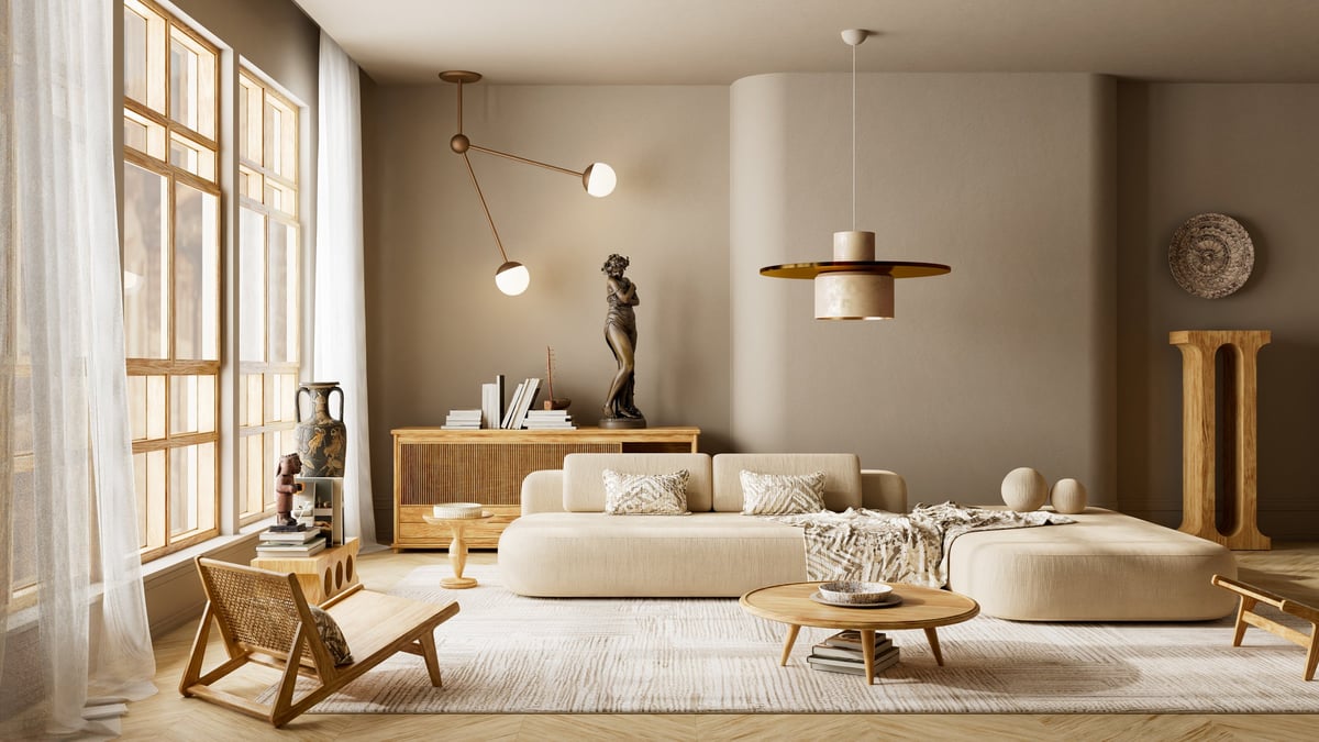 Bright japandi living room in soft beige tones with wooden furniture and cozy minimalist decor
