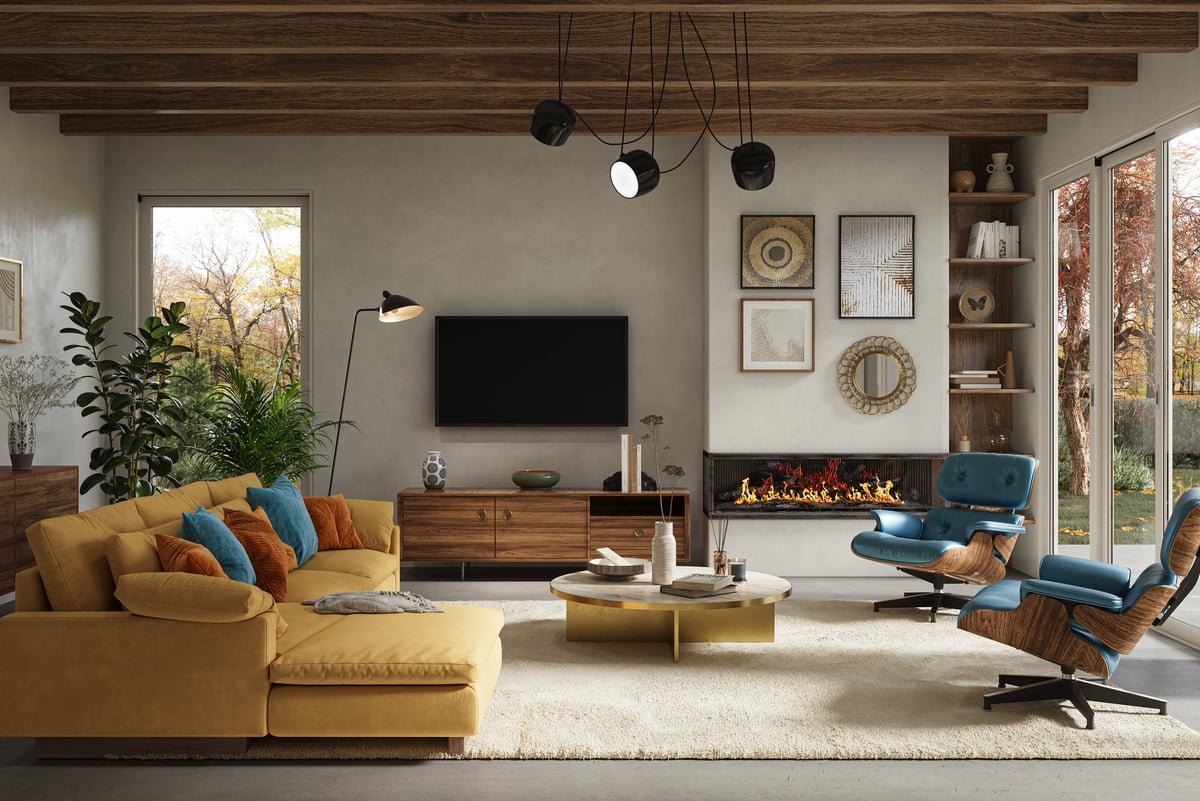 Mid-century modern living room with a mustard sectional sofa, blue lounge chair and warm autumn light through large windows